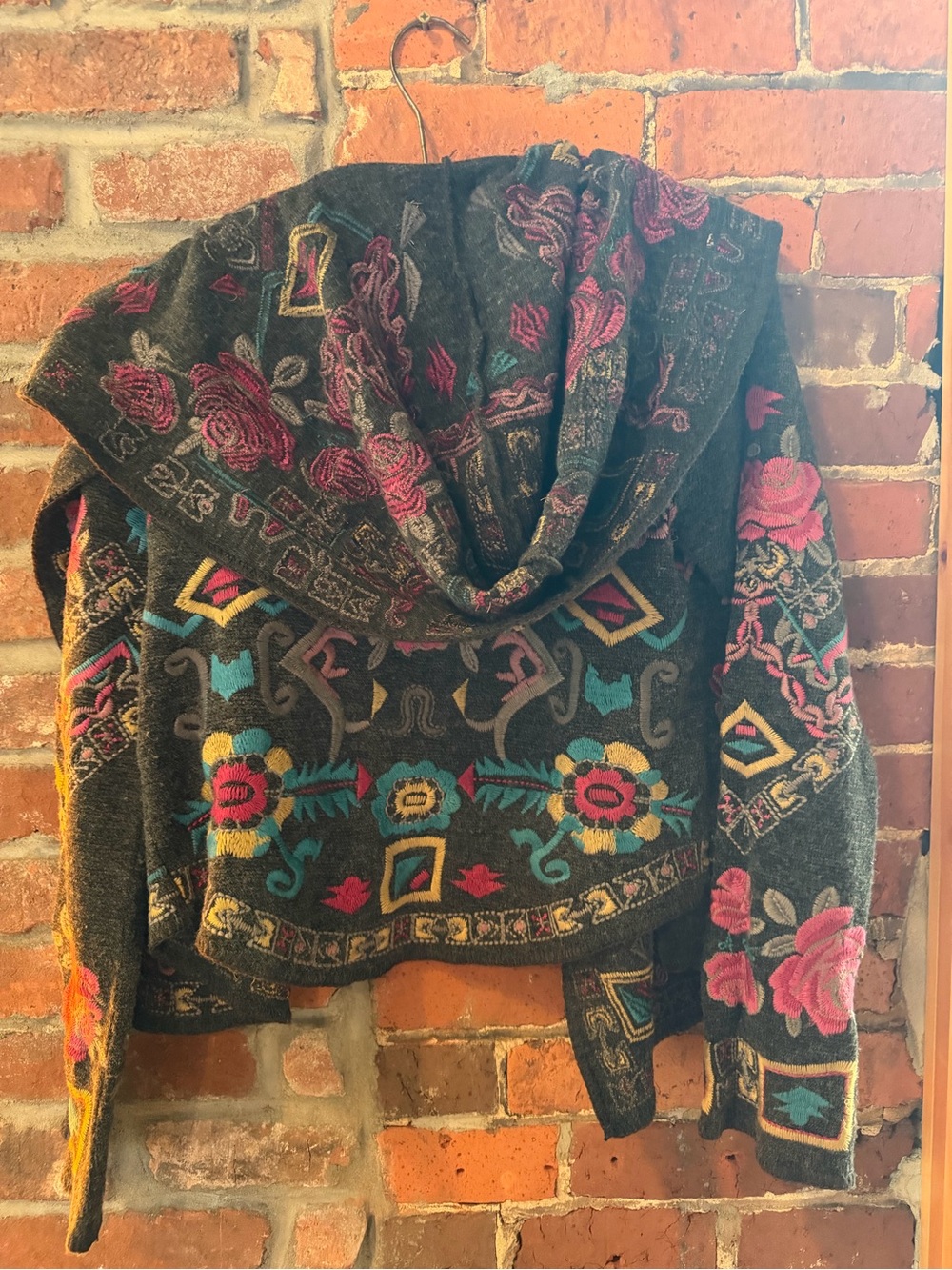 Johnny Was Biya Charcoal Cardigan with Pink and Turquoise Embroidery, Hooded - Picture 7 of 7
